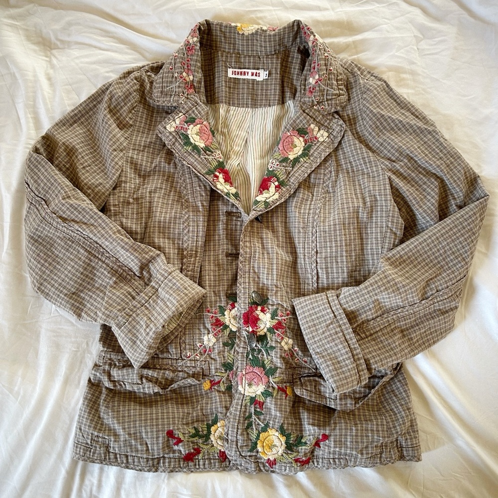 Johnny Was Embroidered Floral Blazer Jacket | Boho Plaid | Missing Some Buttons